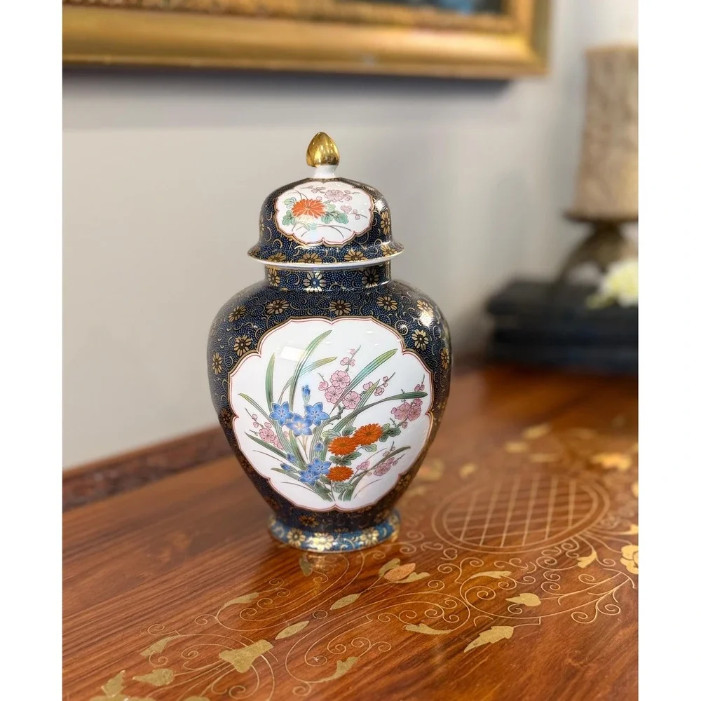 Vintage Japanese Ginger Jar • Cobalt Blue Gold Floral Imari Style Porcelain